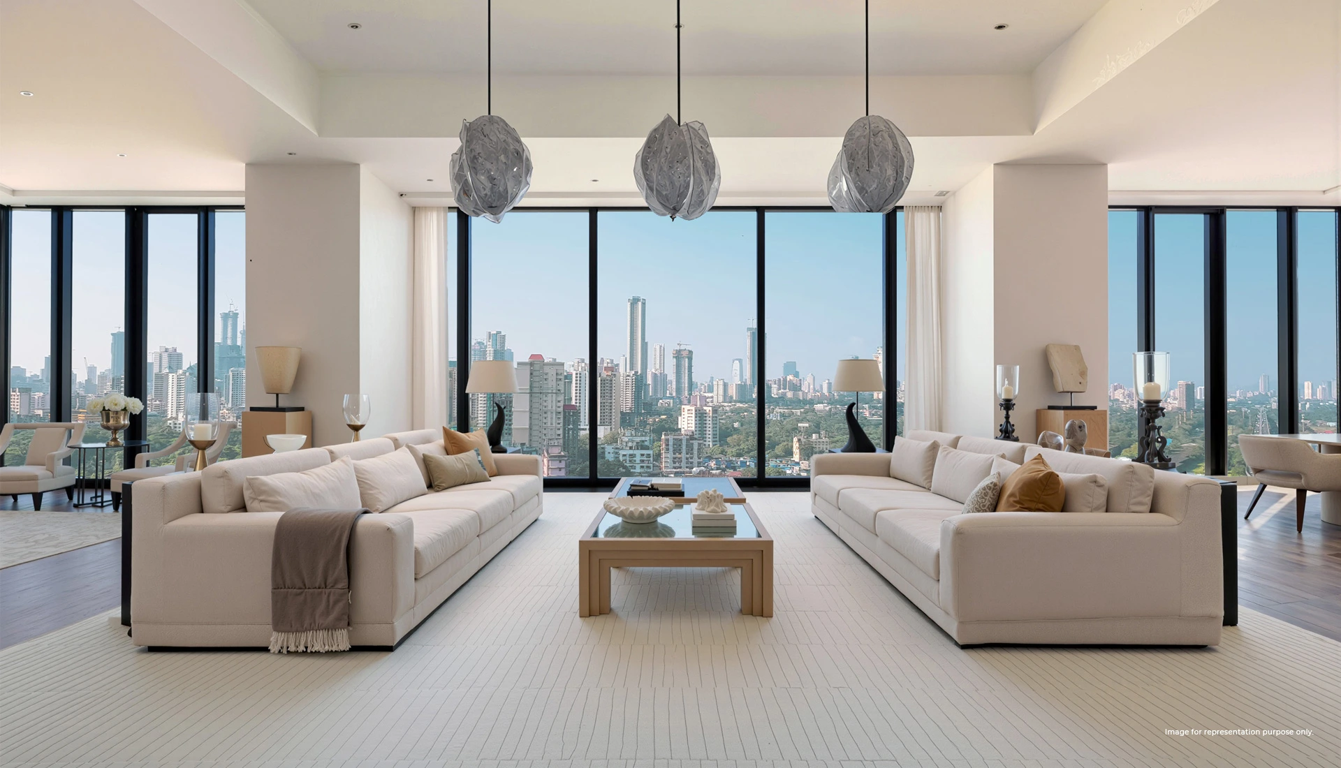 Luxury tower interior with panoramic city view